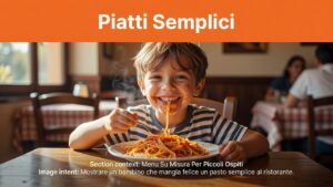Un bambino sorridente mangia un piatto di pasta al ristorante illuminato dalla luce del sole.