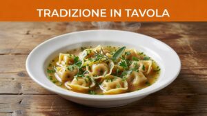 Una ciotola fumante di cappelletti in brodo decorati con erbe aromatiche su una tavola di legno.