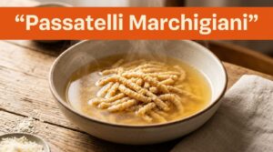 Ciotola di passatelli marchigiani fumanti in brodo dorato su un tavolo rustico.
