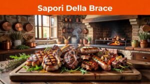 Una porzione di carne grigliata assortita servita su un tagliere di legno in un ambiente rustico.