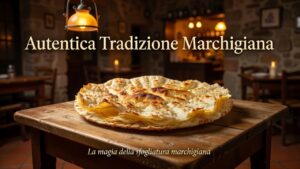 Una piadina sfogliata dorata servita su un tavolo di legno in una trattoria tipica.