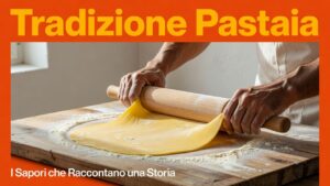 Mani che lavorano la sfoglia fresca su un piano di legno.