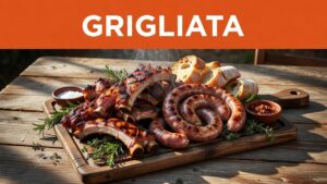 Piatto di legno con costine e salsicce alla griglia su un tavolo rustico.