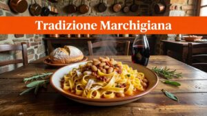 Piatto rustico di tagliatelle con fagioli su un tavolo di legno.
