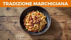Ciotola di tagliatelle all'uovo e fagioli su tavolo di legno con fascia grafica arancione.