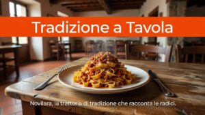 Un piatto di tagliatelle fresche servito su un tavolo in legno con un banner arancione in alto.