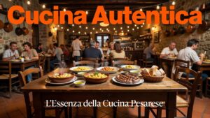 Un tavolo rustico pronto per il pasto con un banner arancione in alto.