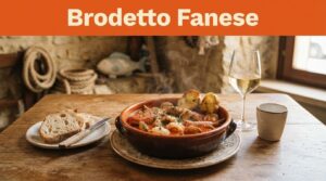 Ciotola di brodetto fanese con pane, vino bianco e piatti in una trattoria sul porto.