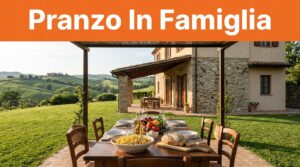 Trattoria sulle colline con pergola e tavolo apparecchiato per una famiglia.