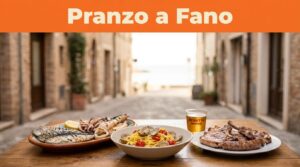 Tavolo rustico con specialità adriatiche e Moretta fanese in una trattoria vicino a Fano.