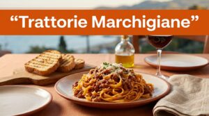 Tagliatelle al ragù su un tavolo rustico, con pane, piatti e mare sfocato sullo sfondo.