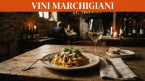 Pasta fatta a mano e vino bianco su un tavolo rustico.