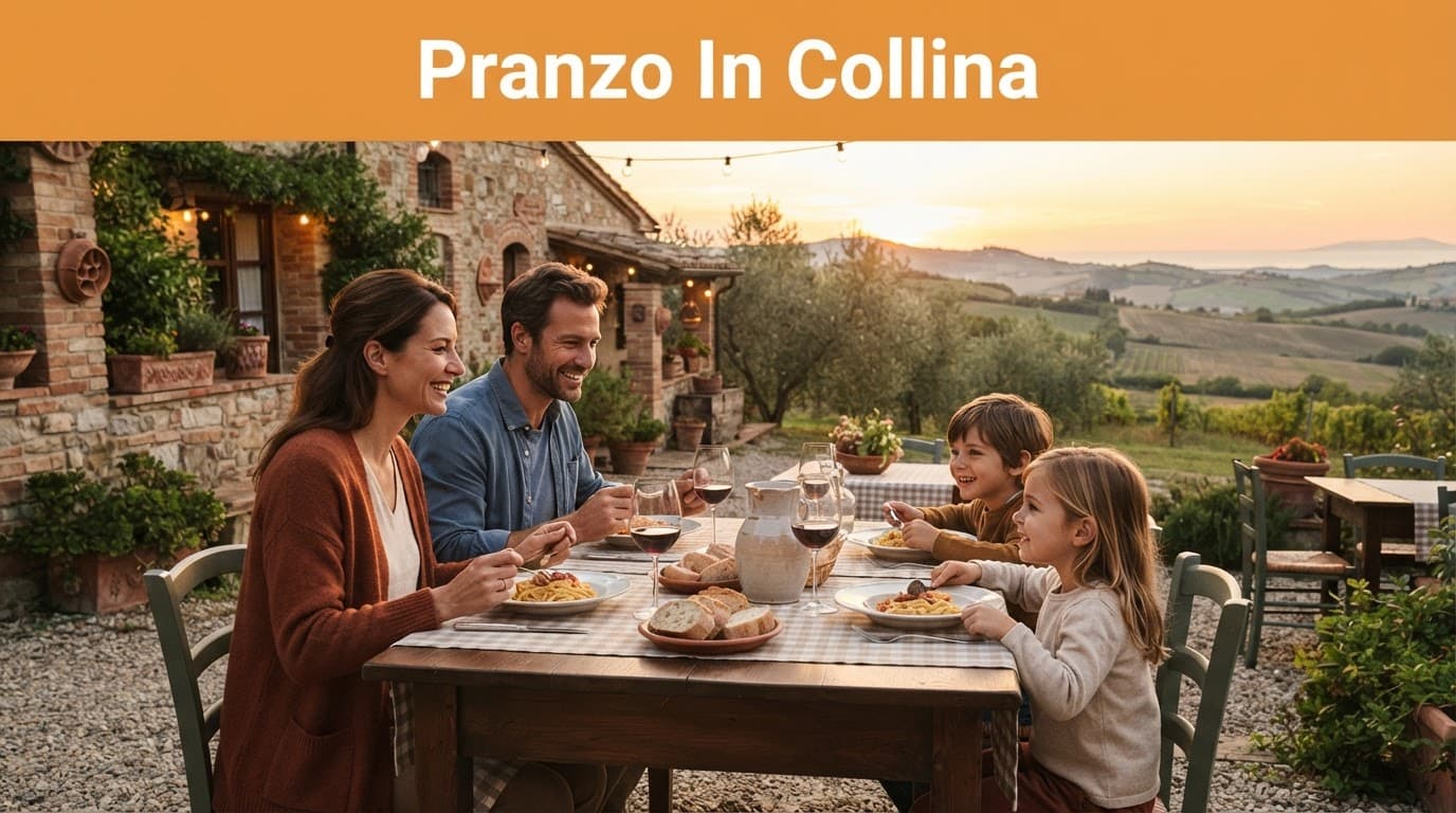 Due adulti e due bambini pranzano all'aperto davanti a una trattoria sulle colline.