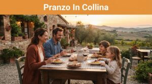 Due adulti e due bambini pranzano all’aperto davanti a una trattoria sulle colline.