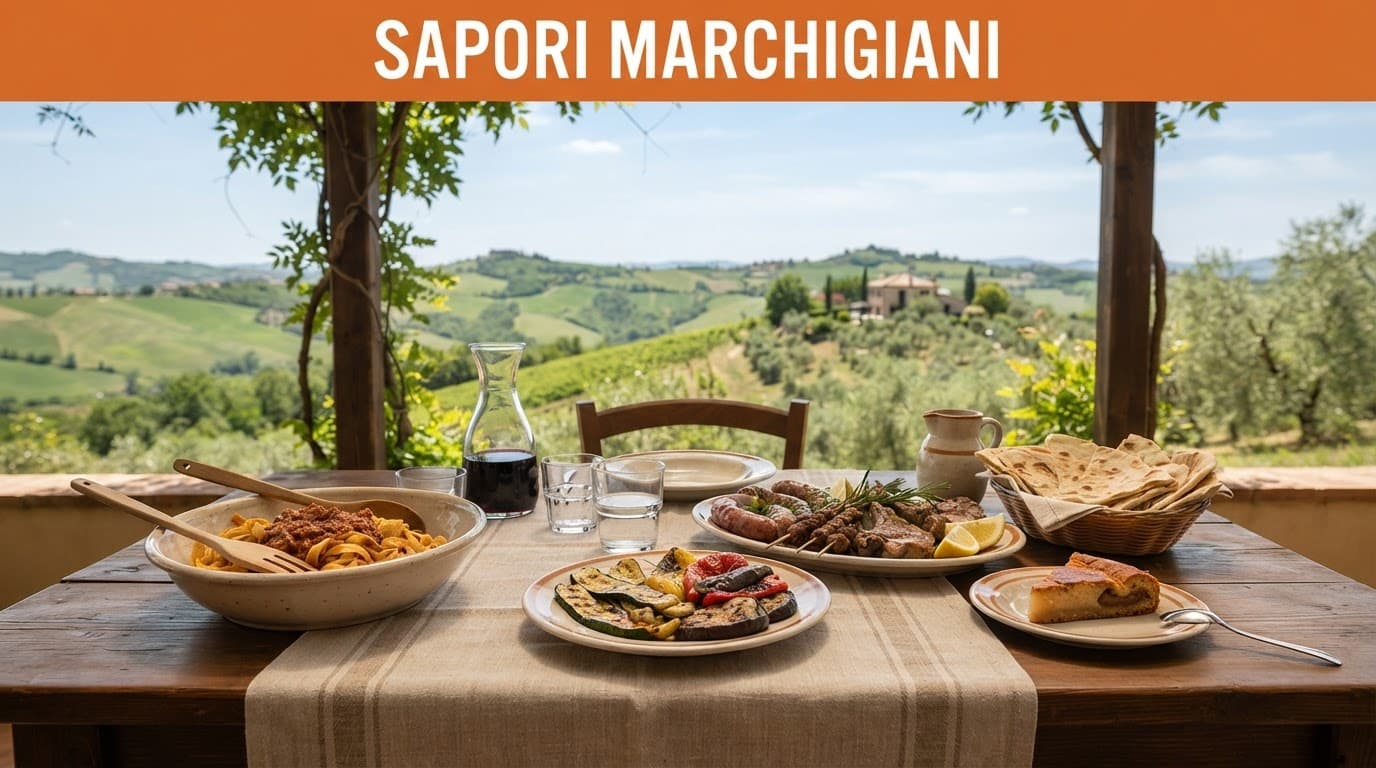 Tavola marchigiana con pasta, carne grigliata, verdure e dolce sotto un pergolato.
