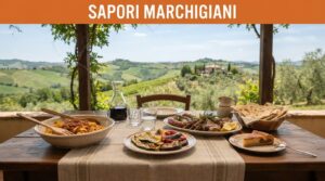 Tavola marchigiana con pasta, carne alla brace, verdure e dolce sotto un pergolato.