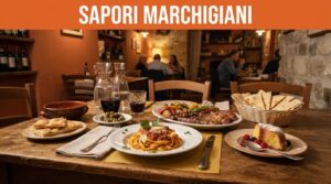 Piatto marchigiano con tagliatelle, carne, verdure, piadina e dolce su un tavolo rustico.