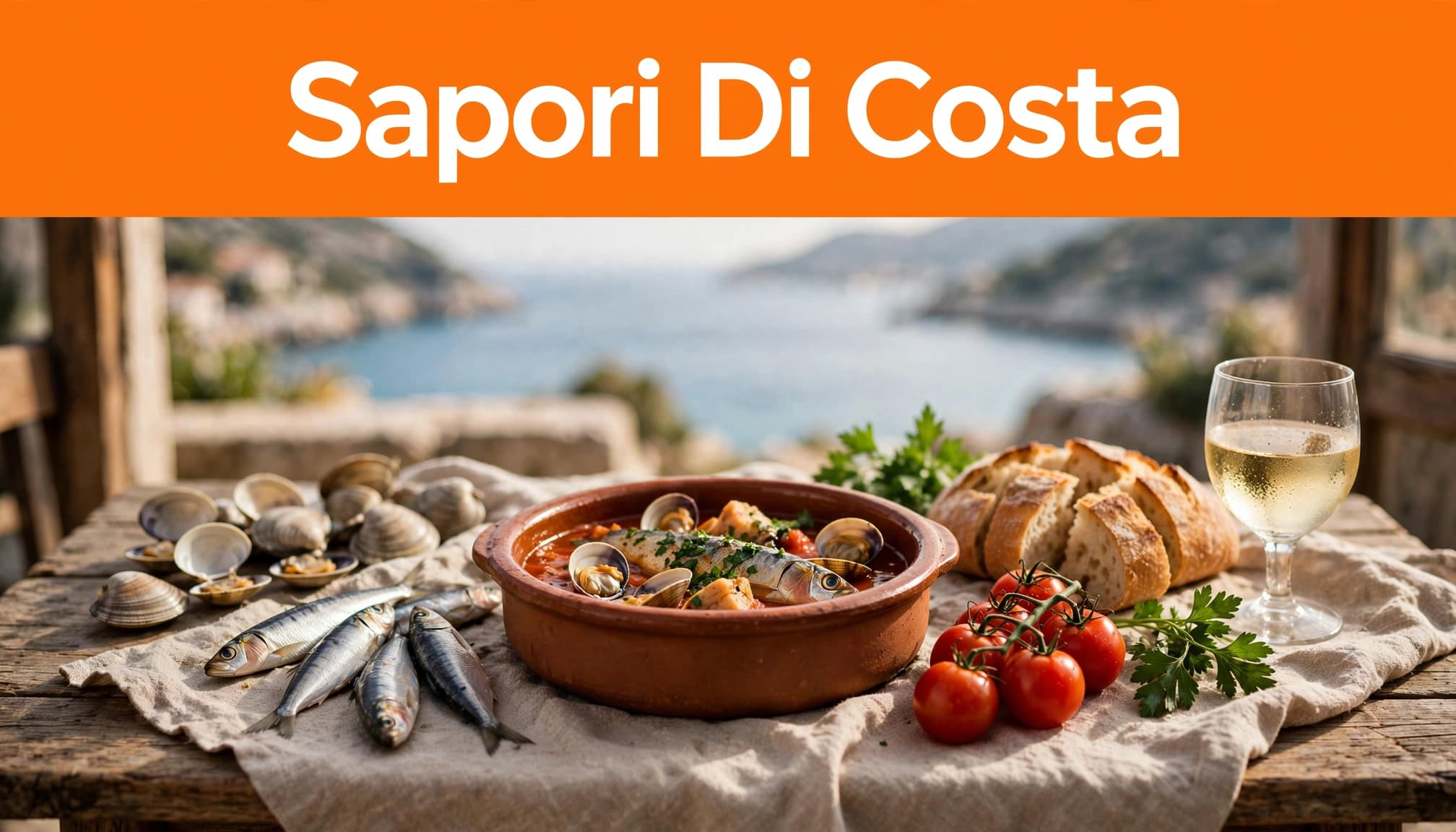 Brodetto di pesce in terracotta con vongole, pane croccante e vino bianco su un tavolo rustico.