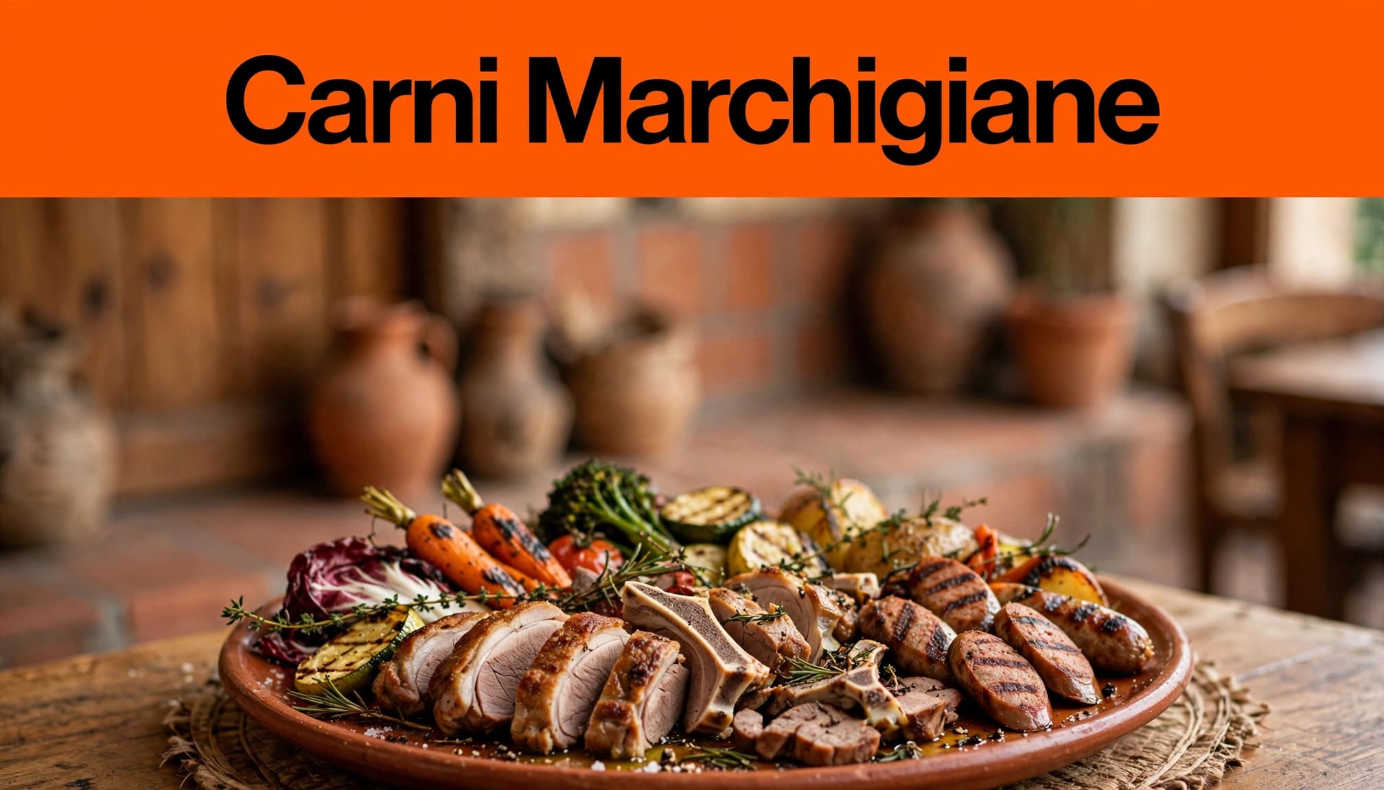 Piatto rustico con coniglio arrosto, carni grigliate e verdure in una trattoria marchigiana.