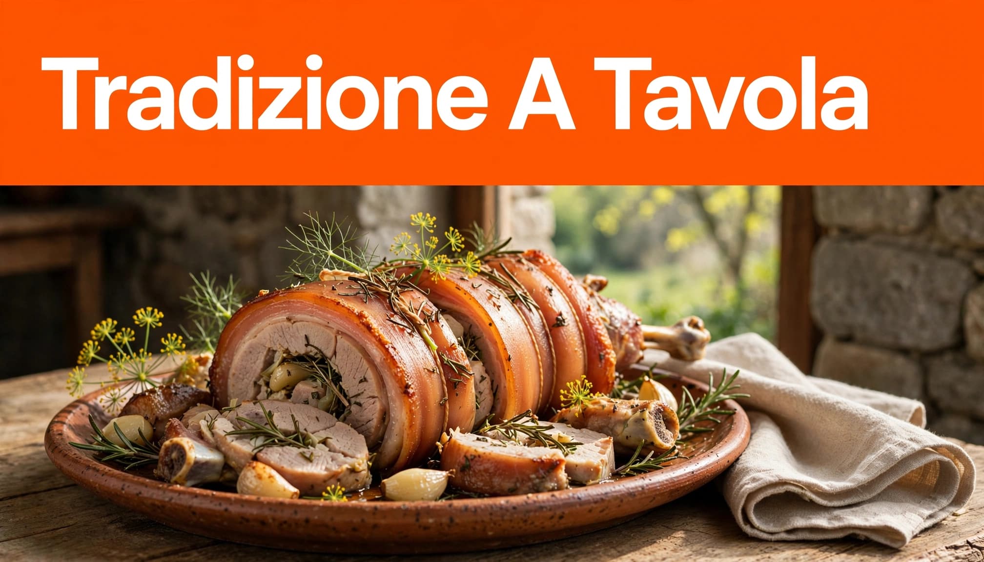 Piatto di coniglio in porchetta con rosmarino e finocchietto su una tavola rustica.