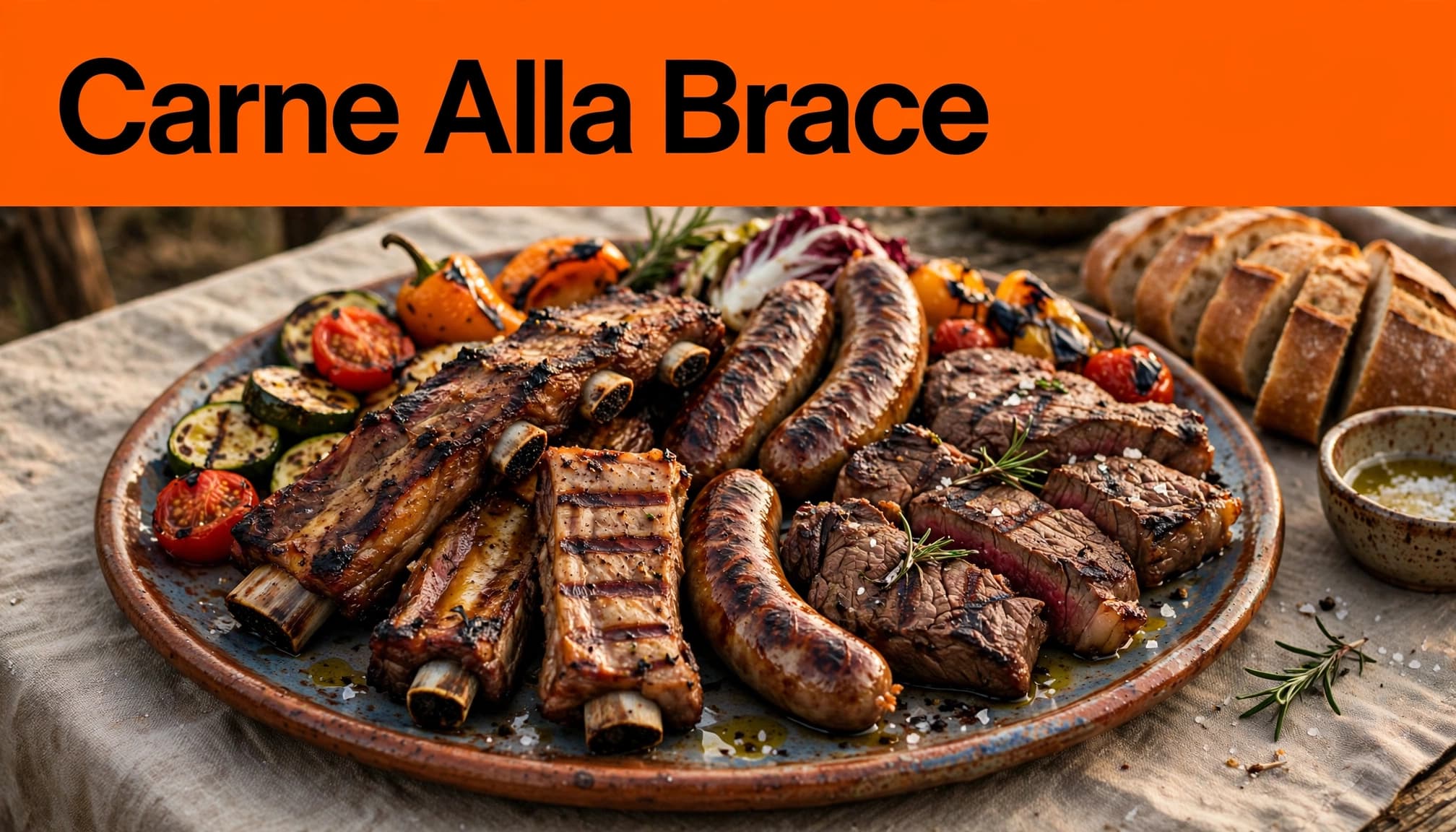 Vassoio di carne alla brace con pane, verdure e piatti rustici.