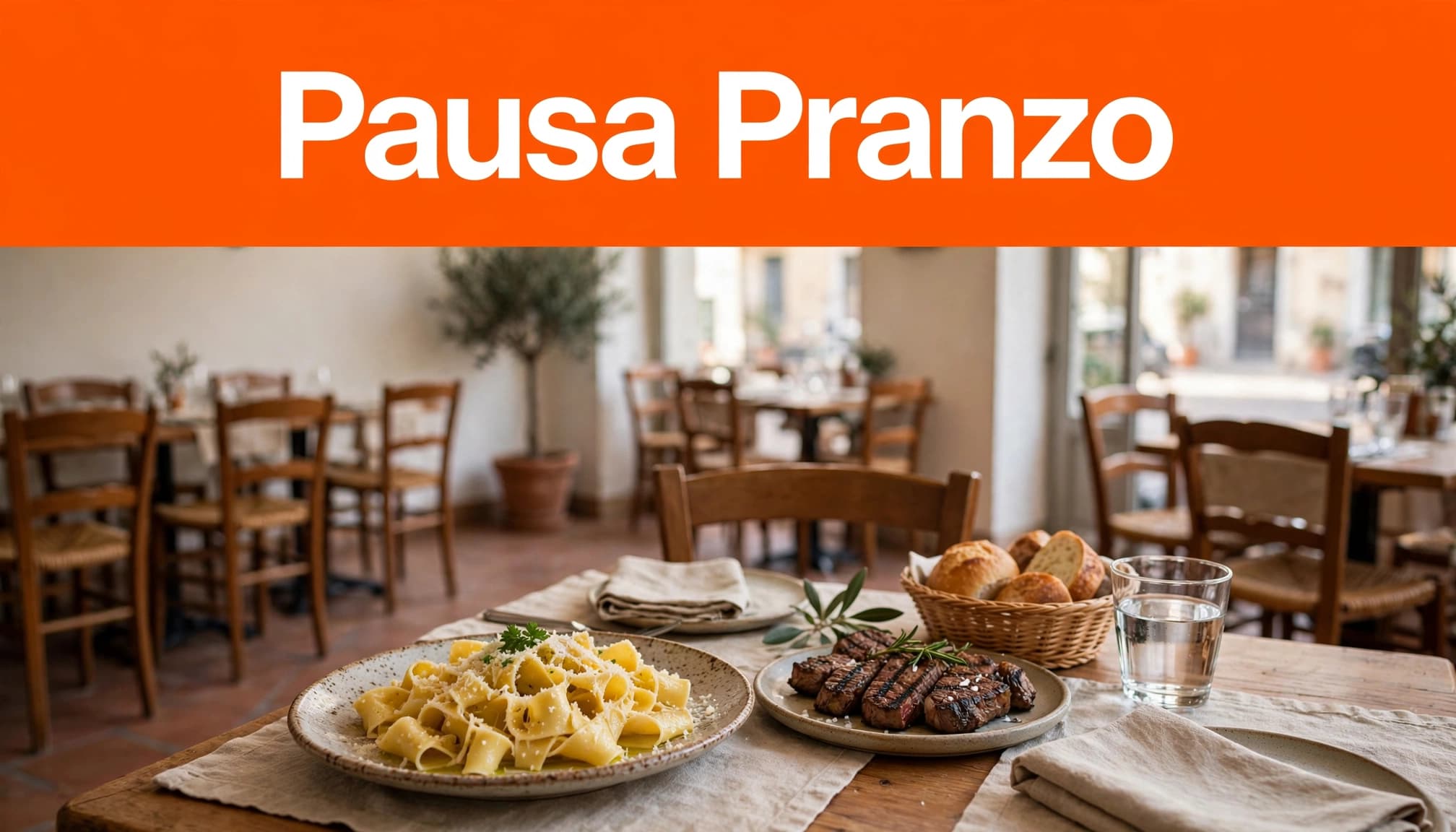 Tavola di trattoria con pasta, carne, pane e acqua, senza persone.