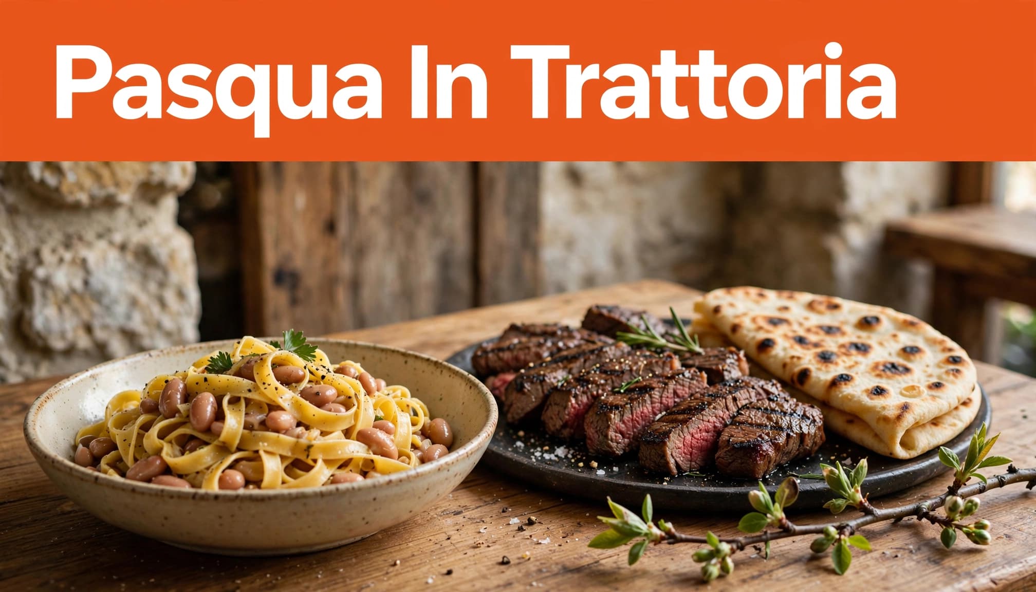 Tagliatelle con fagioli, manzo alla brace e piadina su un tavolo rustico.