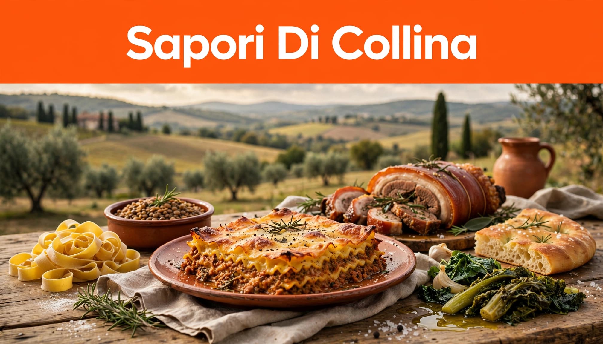 Vincisgrassi, coniglio, crescia, verdure e legumi su una tavola rustica tra le colline marchigiane.