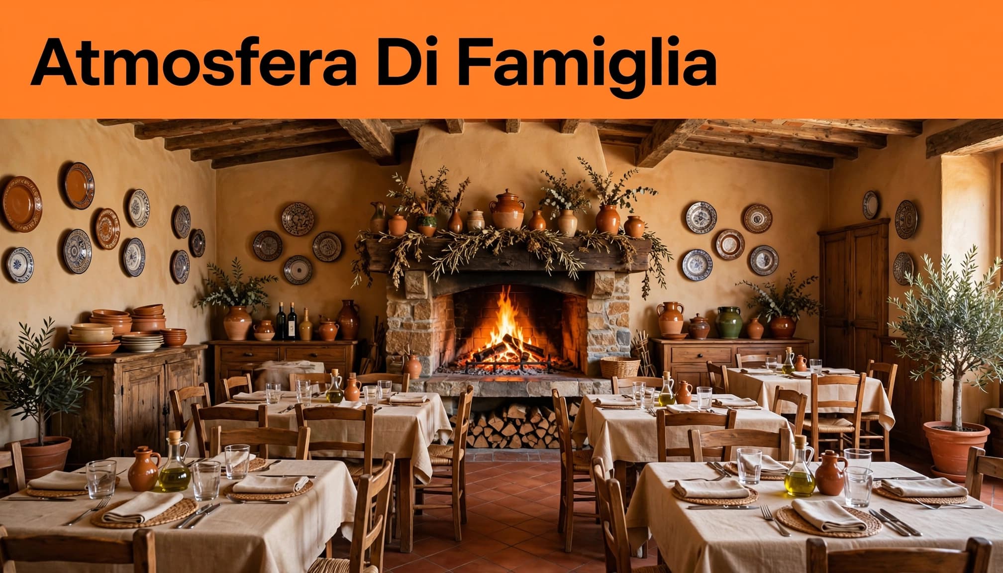 Sala rustica di trattoria con tavoli apparecchiati e grande camino acceso sul fondo.