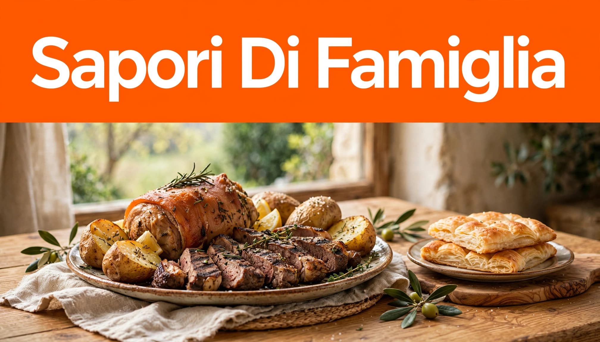 Coniglio arrosto, carne grigliata, patate e piadina su un tavolo rustico.