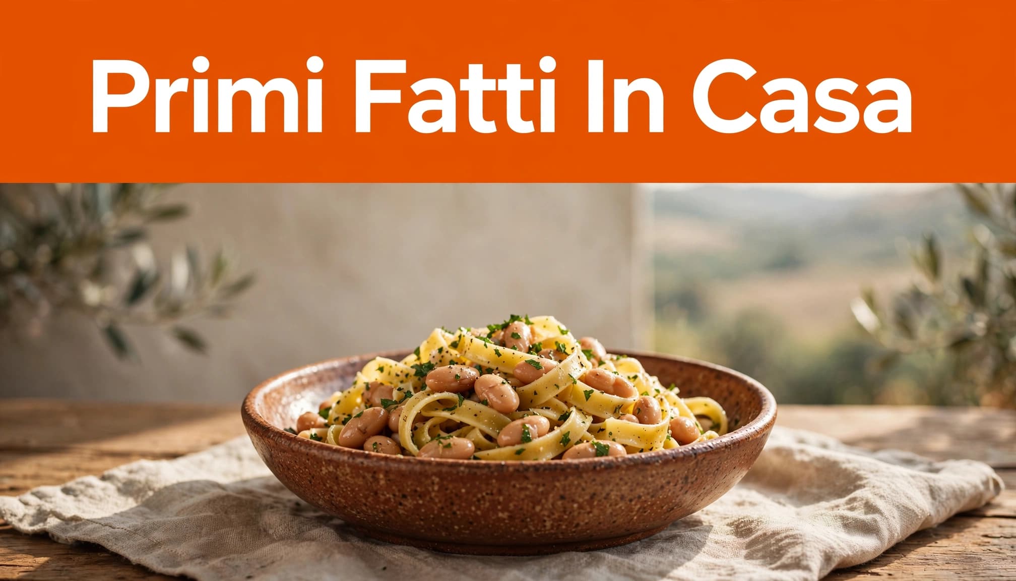 Tagliatelle con fagioli in una ciotola rustica su un tavolo di trattoria.