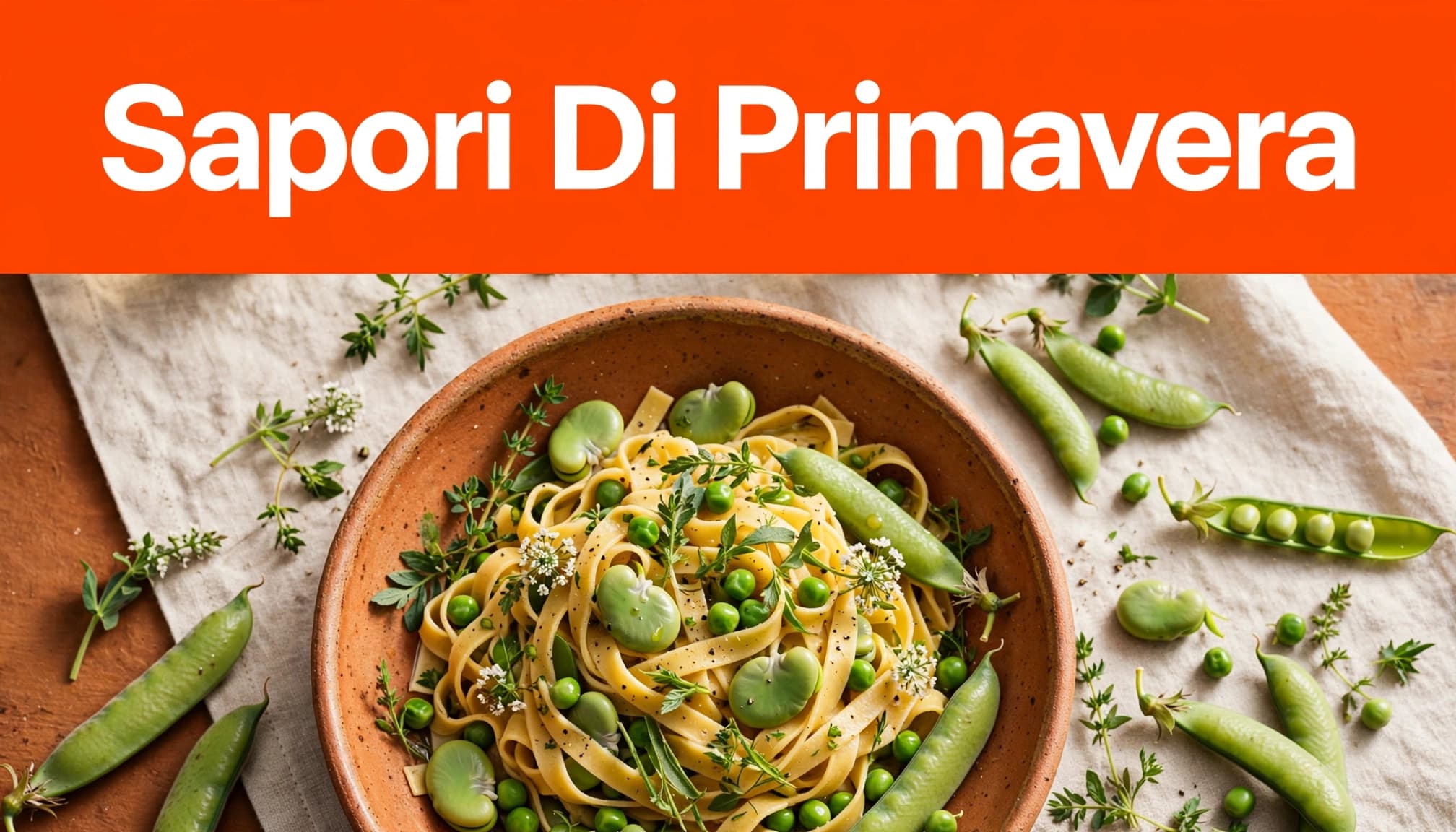 Tagliatelle con fave, piselli ed erbe in una ciotola rustica su una tavola luminosa.