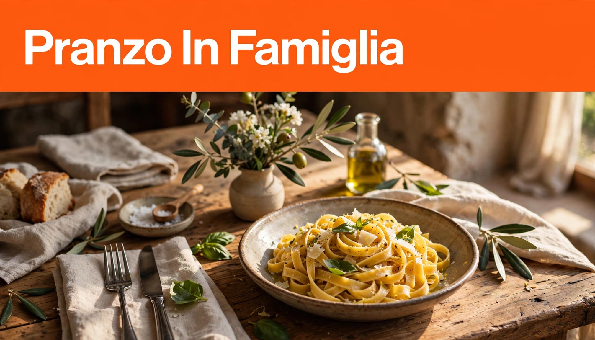 Tagliatelle e fiori su una tavola rustica illuminata dal sole.