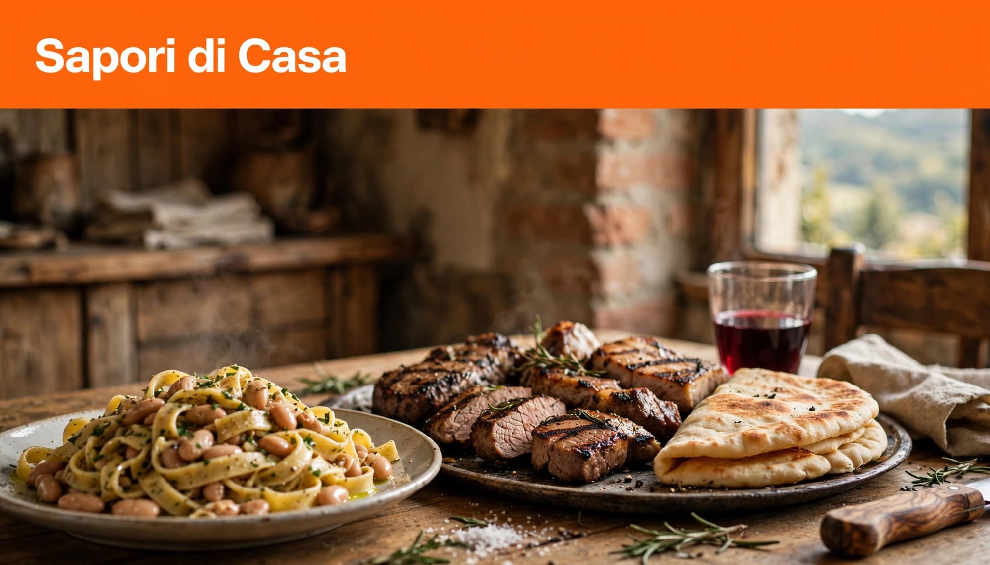 Tagliatelle con fagioli, carne alla brace e piadine su un tavolo di legno.
