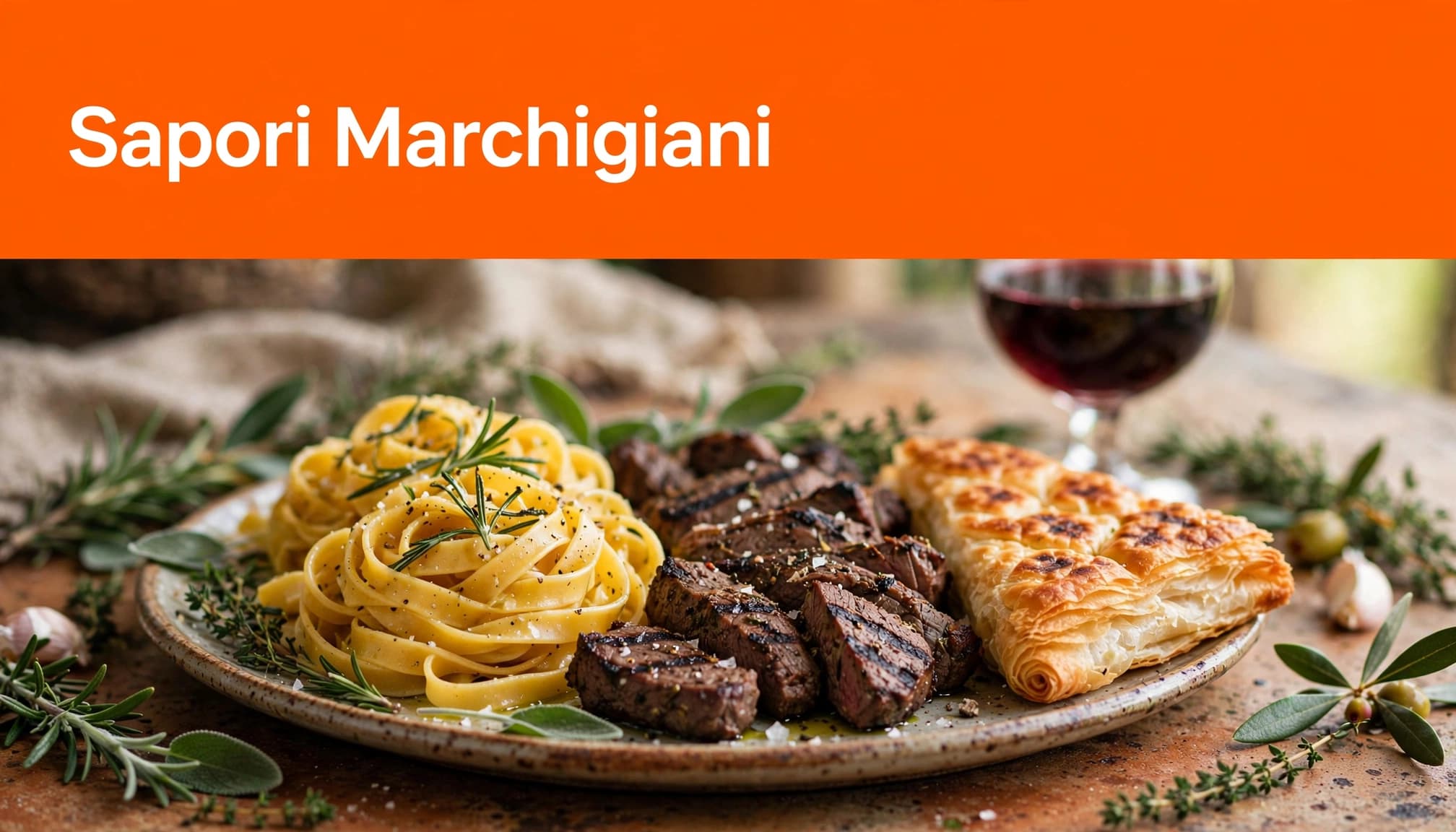 Tagliatelle, carne alla brace e piadina su una tavola rustica.